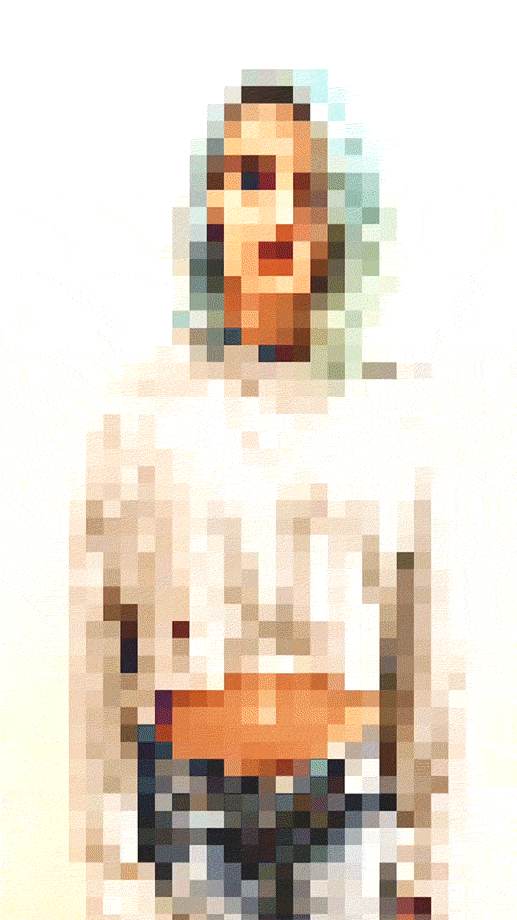 Fundo branco, imagem pixelada de pessoa branca não binária, com cabelos em tons de verde e azul, semblante neutro, vestindo uma blusa de manga longa cinza e calça jeans