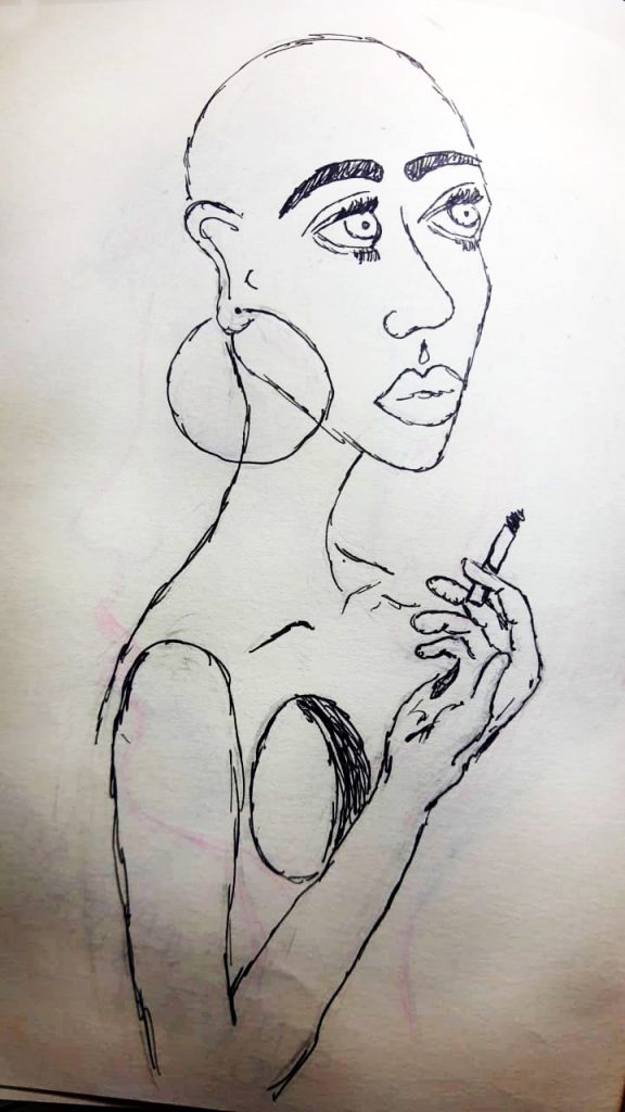 Desenho de mulher com brinco de argola , cabeça raspada, bastante magra, com cigarro na mão, semblante triste